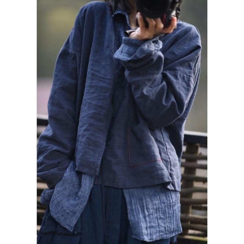 Johnature Woman Spring Long Sleeves V-Neck Shirt Single Breasted Solid Color Chinese Style Vintage Shirt