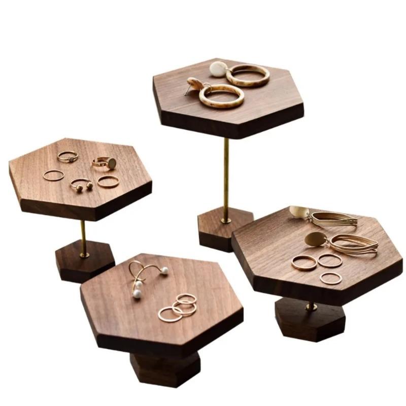 Présentoir à Bijoux Hexagonal Créatif Noyer Porte-Bijoux Plateau pour Colliers et Bagues Accessoires de Présentation pour Vendeurs de Bijoux Rangement pour Boucles d'Oreilles et Bracelets