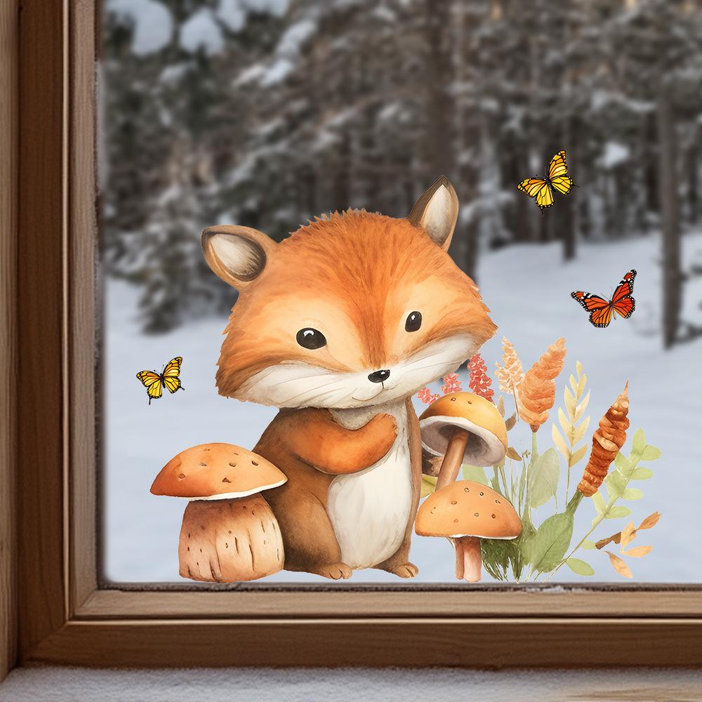 Watercolor Fox and Mushroom Window Stickers, Self-Adhesive Removable Forest Theme Decor for Glass Windows Doors