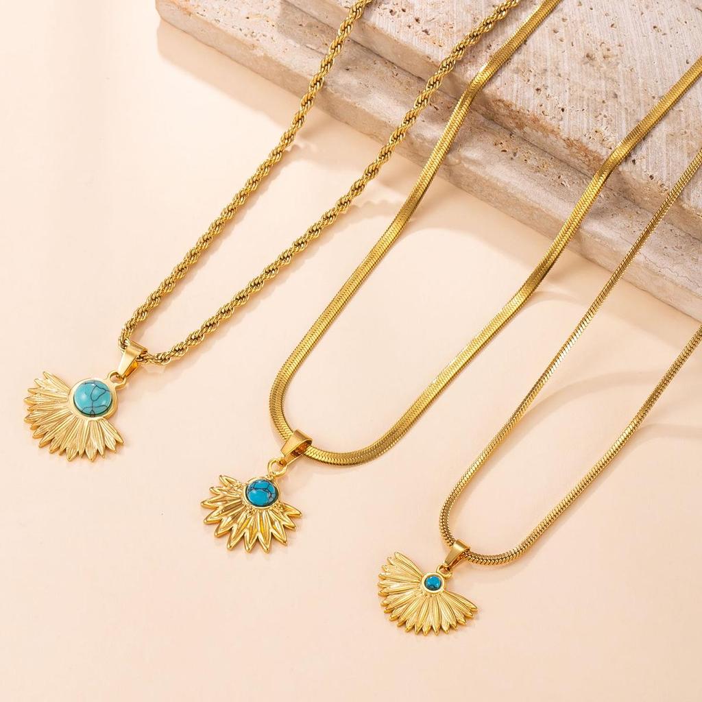 Golden Fan-Shaped Turquoise Stainless Steel Necklace - European & American Retro High-End Jewelry