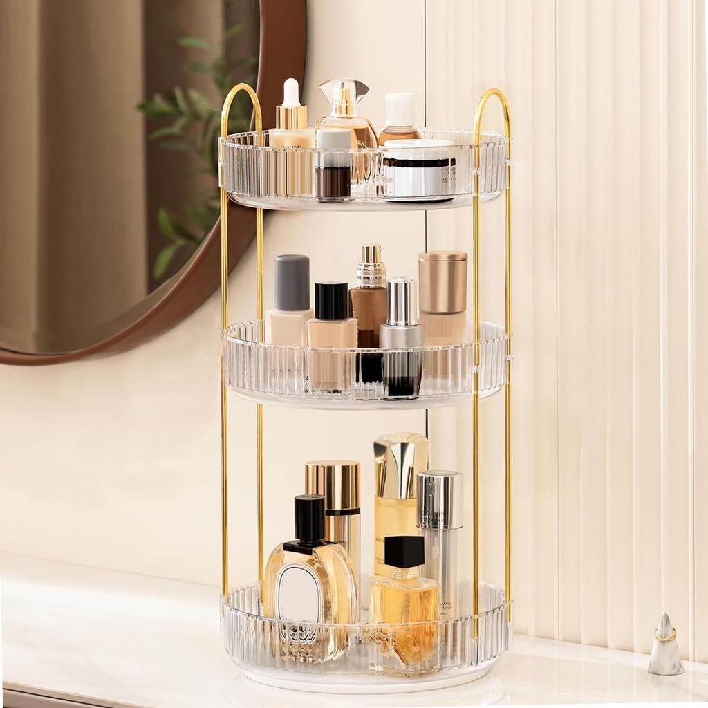 XMWGA Rotating Cosmetic Storage 360 Degree Gold Metal Clear Multifunctional Storage for 3 Box, Rotation, 3-Tier, & Acrylic, Organizer,