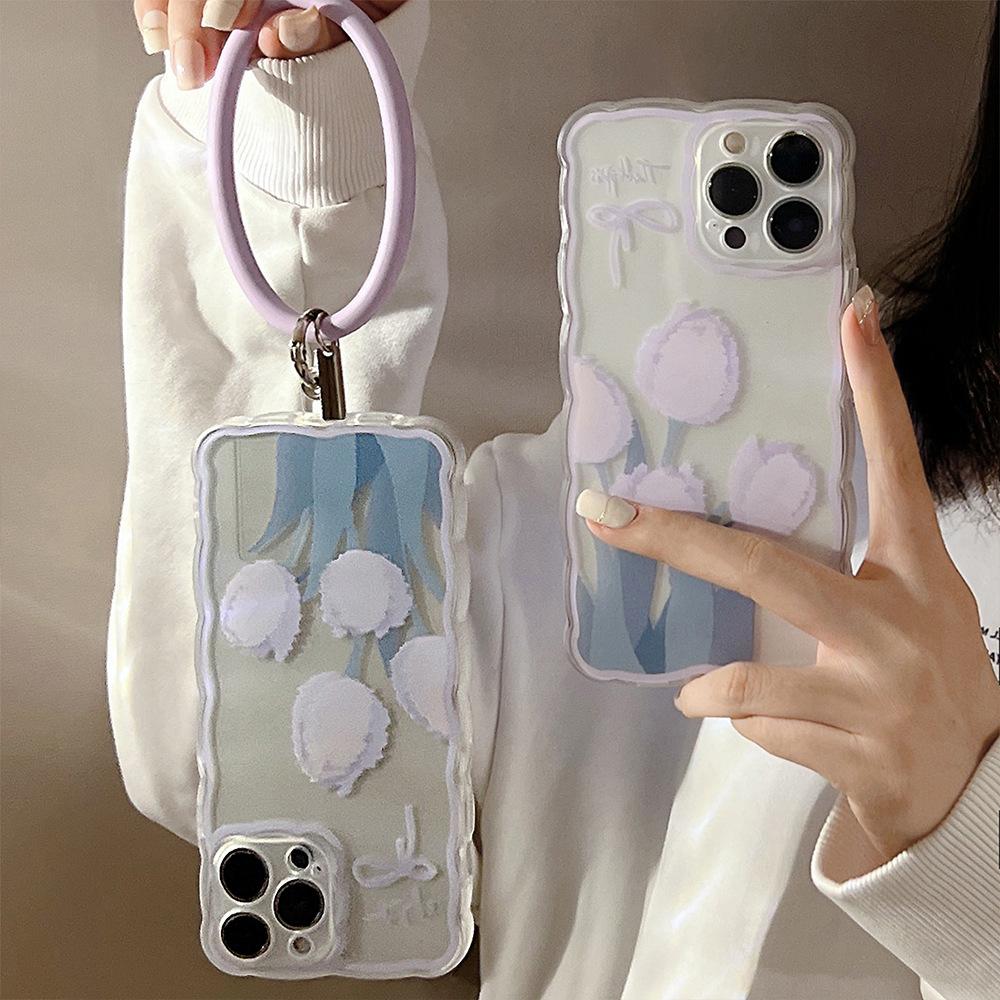 Purple Tulip IPhone 14 Apple 15 Mobile Phone Case 12 Silicone Ring 16 Suitable for 11 Hanging Ring 13promax Soft