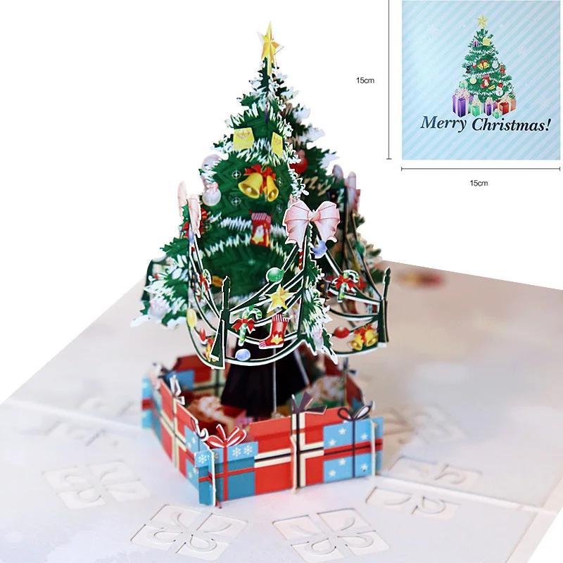 Merry Christmas Cards 3D Pop Up Christmas Tree Cards Christmas Decoration Winter Gift Laser Cut New Year Santa Greeting Cards