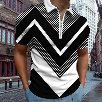 Lässiges T-Shirt mit Revers für junge Herren, modisches T-Shirt mit Reißverschluss, kurzärmeliges T-Shirt für Herren mit 3D-Streifendruck