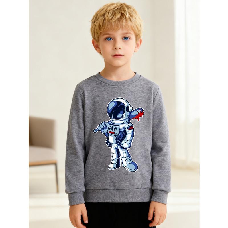 European sizes Kids' Fashion Crew Neck Pullover, Long Sleeve Top with Cartoon Astronaut Print, Suitable for Daily Casual Wear and Outdoor Activities