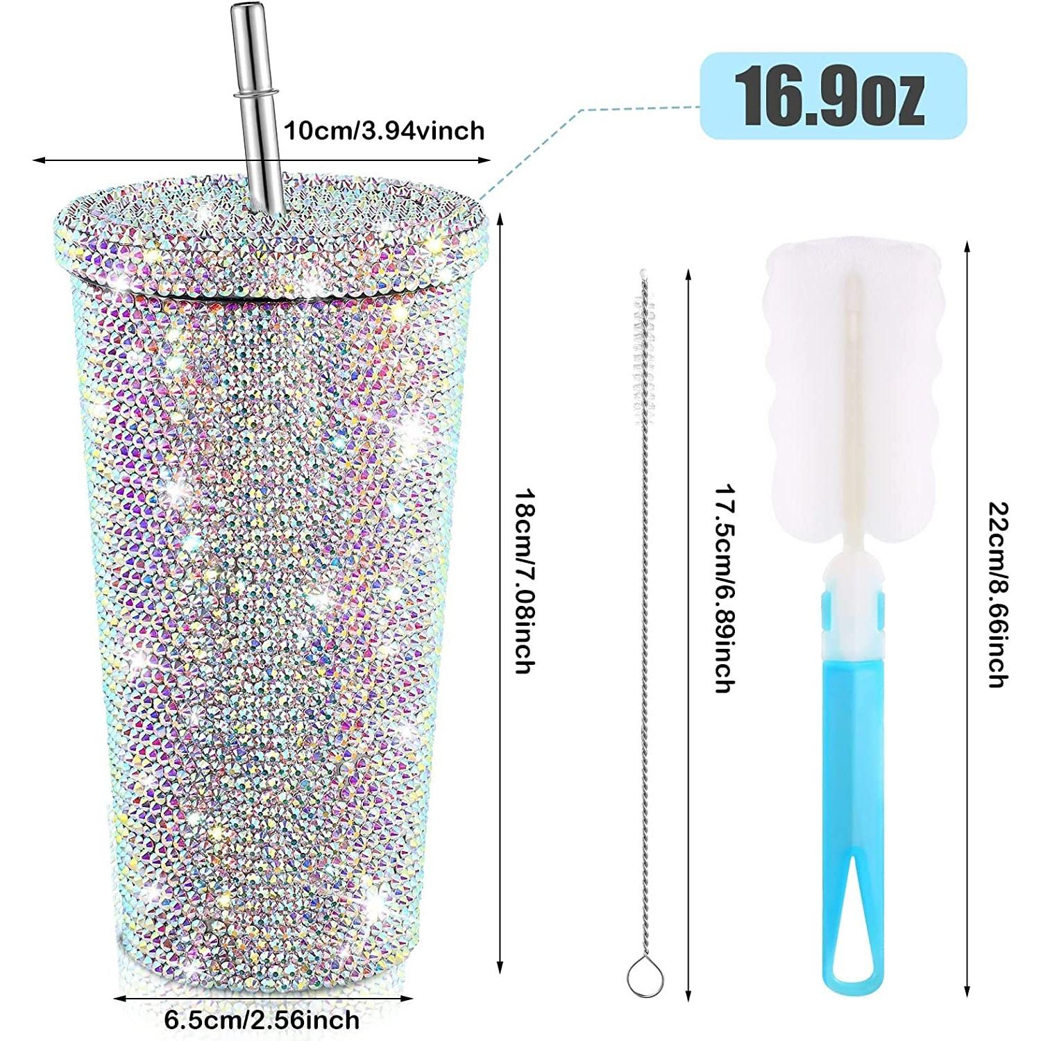Glitzer-Wasserflasche 590 Ml – Edelstahl, Isoliert, Mit Strasssteinen, Strohhalm & Bürste, Bunt