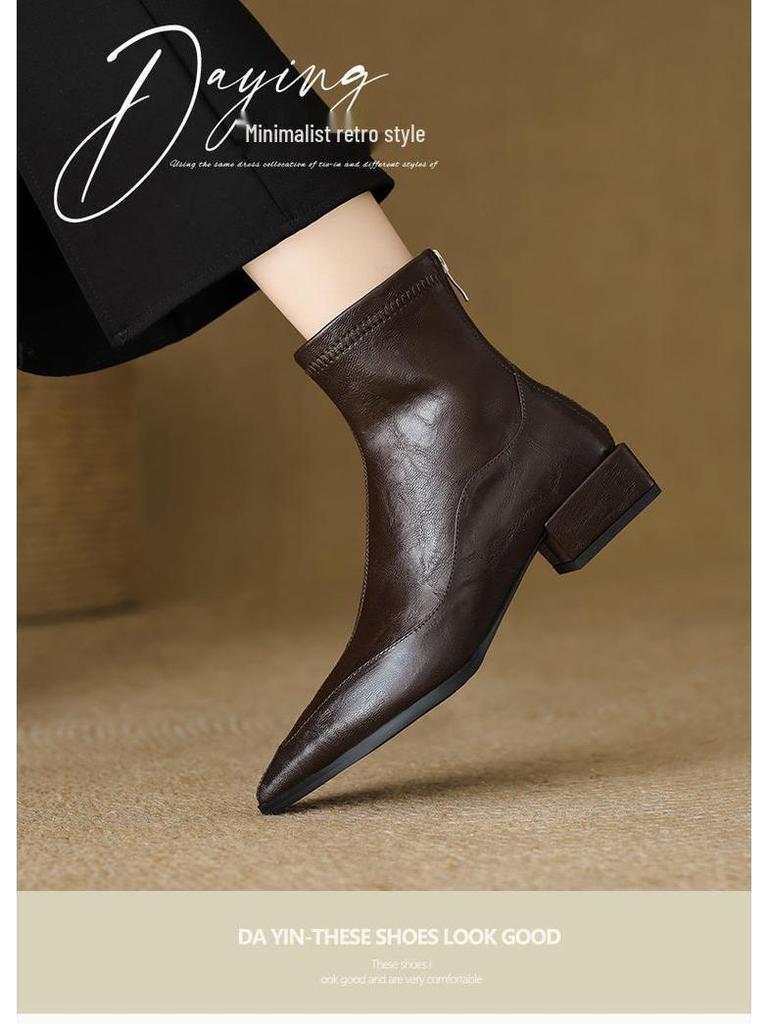 Women's Genuine Leather Sheepskin Ankle Boots - Pointed Toe, Chunky Heel, Back Zipper, 2025 New Stretch Sock Slim Boots