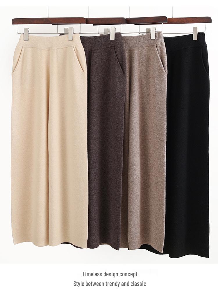 Dámské vlněné pletené kalhoty se širokými nohavicemi - Zeštíhlující, Středový šev, Zesílené, Ležérní, Délka až na zem pro podzim a zimu