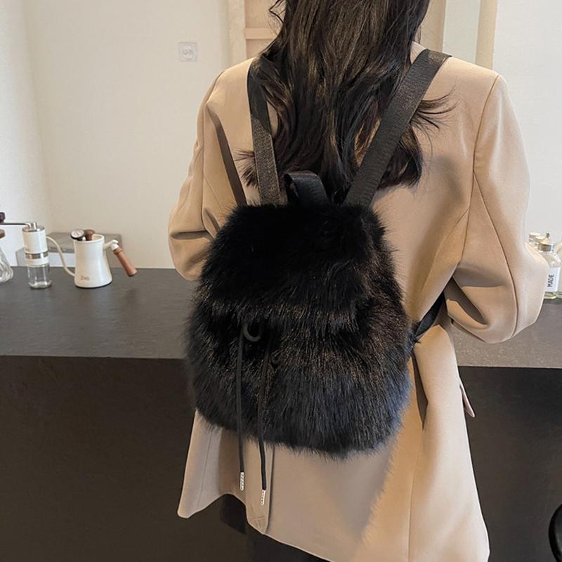 Plush Backpack Women Small Cute Drawstring Fluffy Bag Solid Color Soft Knapsack Winter Warm Faux Fur Shoulder Backpack KTB