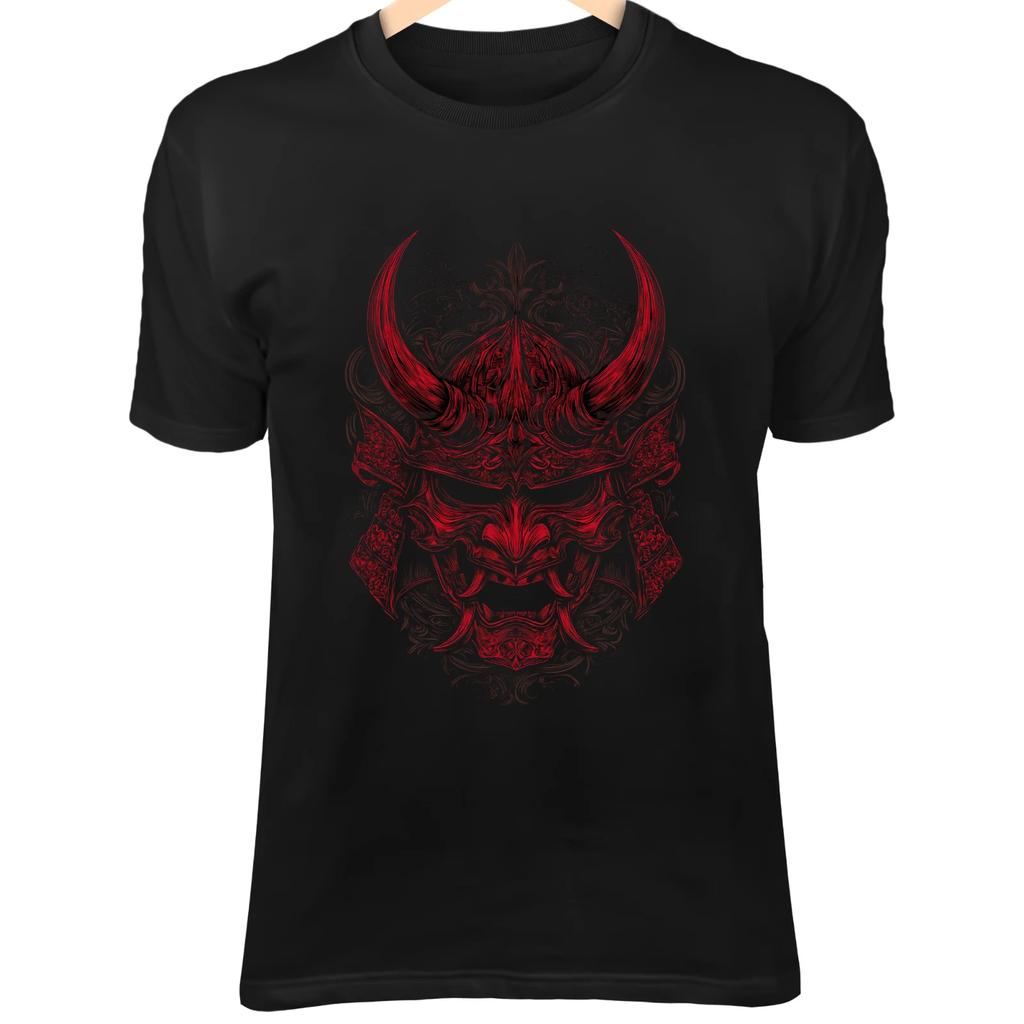 Maschera da Samurai Oni Rosso Sangue - Arte Tatuaggio Linea Barocca su Sfondo Nero