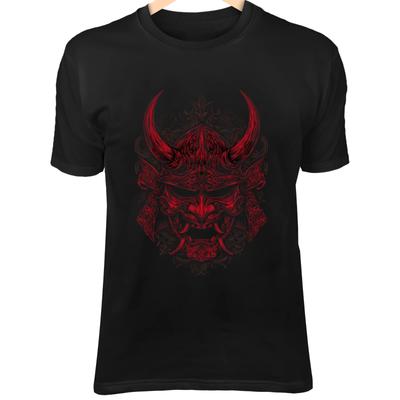 Maschera da Samurai Oni Rosso Sangue - Arte Tatuaggio Linea Barocca su Sfondo Nero