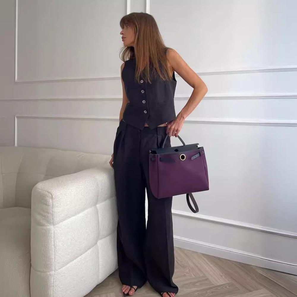 Women's Loose Fit Two‑Piece Outfit Sleeveless Vest Top High Waist Wide Leg Pants Linen Blend Matching Suit For Daily Casual Wear