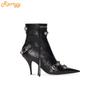 Fashion Women New Rivet Fringe Boots Metal Zipper Motorcycle Boots Belt Buckle Pointed Toe Knee High Shoes Aged-silver Studs Boots