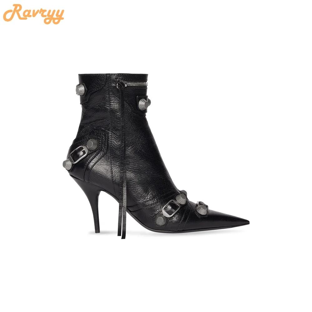 Fashion Women New Rivet Fringe Boots Metal Zipper Motorcycle Boots Belt Buckle Pointed Toe Knee High Shoes Aged-silver Studs Boots