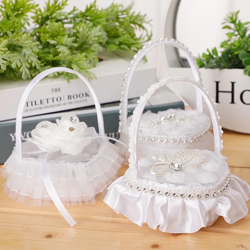 WTEMPO Elegant Wedding White Flowers Baskets Lace-trimmed Wedding Baskets Hand-held Flower-scattering Large Fake Flowers Decor Small Baskets