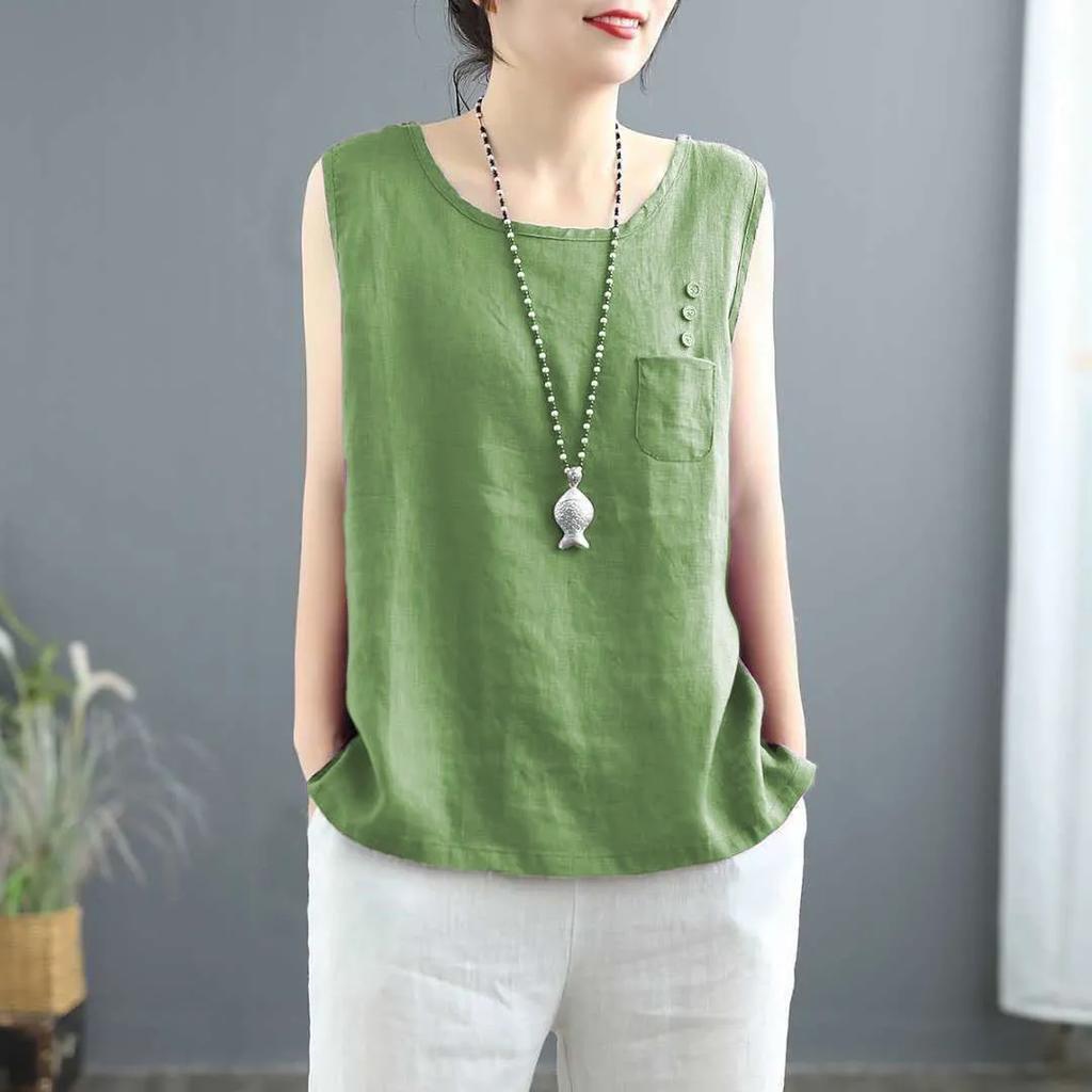 Women's Summer Solid Color Simple Literary Vest Sleeveless Round Neck Splicing Top
