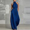 Women's Halter Sleeveless Wide Leg Jumpsuit Loose Fit High Waist Solid Color Tie Waist Pleated Long Jumpsuit