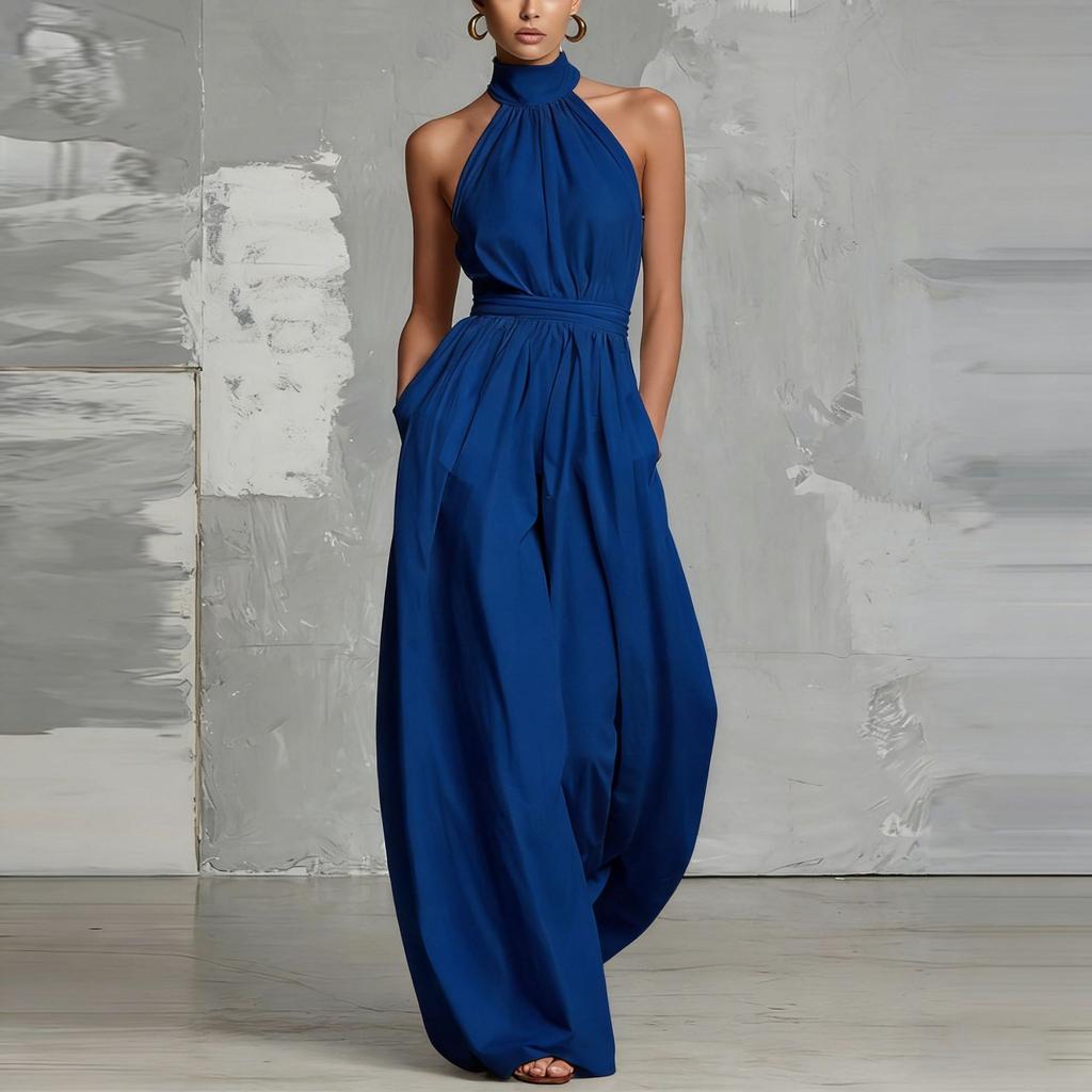 Women's Halter Sleeveless Wide Leg Jumpsuit Loose Fit High Waist Solid Color Tie Waist Pleated Long Jumpsuit