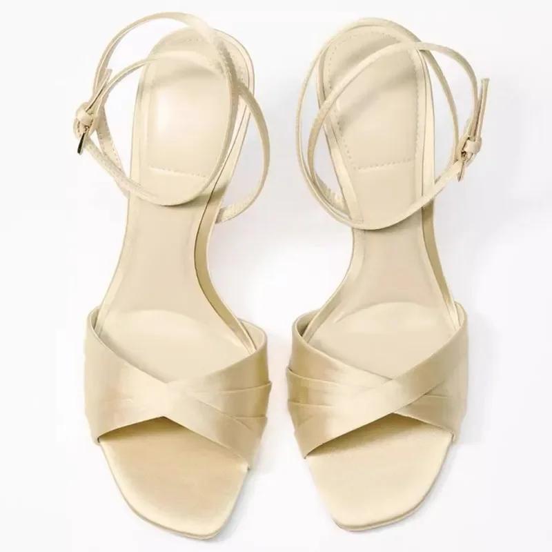 Luxury Satin High Heeled Sandals Women Sexy Round Toe Naked Strap Elegant Summer Party Shoes Fashion Wedding Bridal Heels Pumps