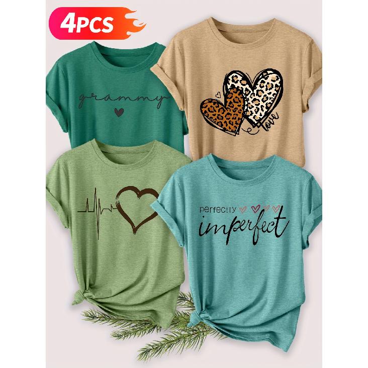 Four-piece set of elegant short-sleeved tops for women Leopard print heartbeat line print fashion retro style women's spring, summer, autumn, winter
