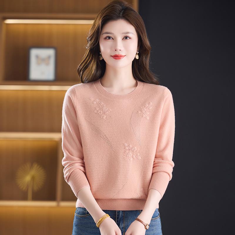 Autumn/Winter 100% Pure Wool Sweater for Mature Women - Knitted Base Layer with Stylish Embroidered Half-High Neck
