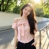 Gentle Sweet Spice Girl Design Sense Pink Bow Off-Shoulder Short Sleeve T-Shirt Women's Summer Slim Versatile Good-looking Top