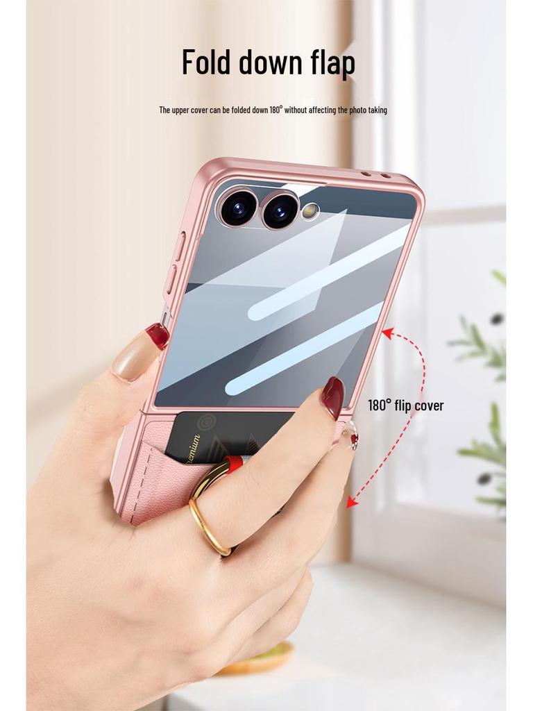 Samsung Z Flip7 Ultra-Thin Leather Case: Full Coverage, Card Holder, Ring, Anti-Drop Protection