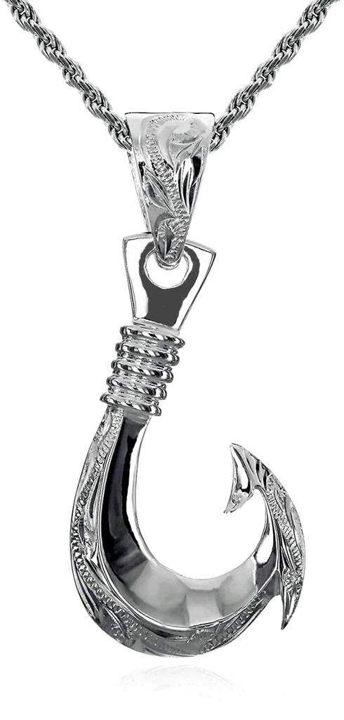 Leilani Hawaiian Fish Hook Pendant Necklace for Men, 925 Sterling Silver with Scroll Engraving and 45cm Rope Chain