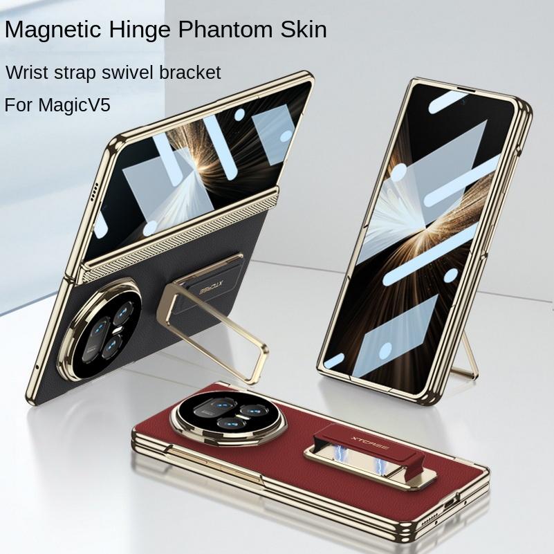 Adjustable Wristband Holder Plated Gold Frame Leather Hinge Case for Honor Magic V5 with Glass Film Lens Protect Cover