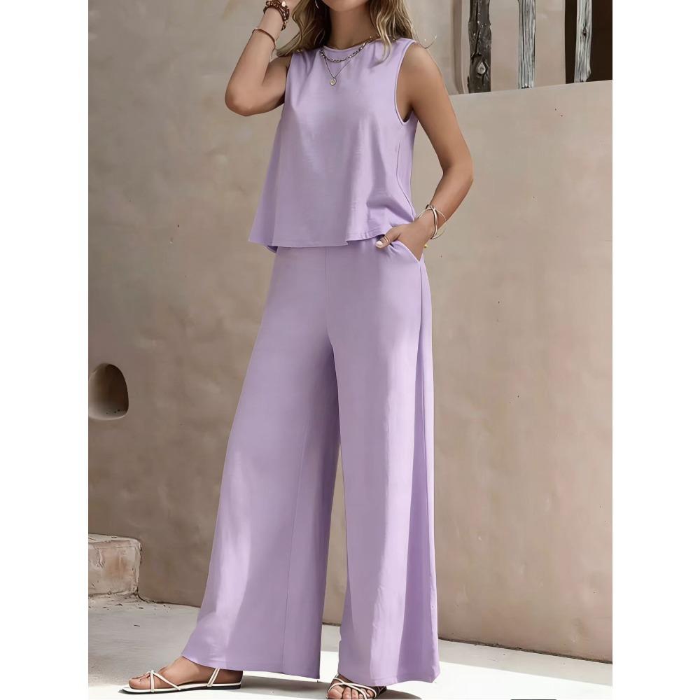 Women Solid 2 Piece Outfit, Round Neck Sleeveless Tank Top + Wide Leg Pants, Casual Matching Set