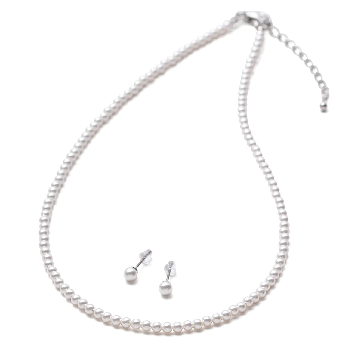 

[VOTRE COUTURE] Pearl Necklace Set, Baby Pearls, Grand Premium, 3mm, 10-Year Brand Warranty (Titanium Earrings (Silver), 41cm)