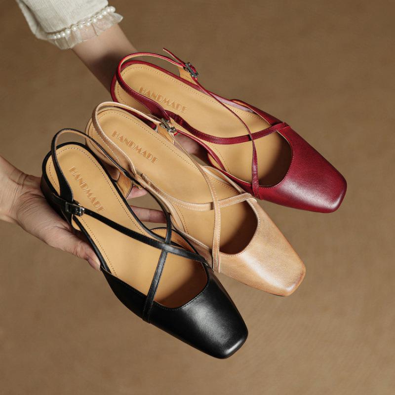 New beef tendon soft sole middle heel sandals summer women's bag head sandals leather casual size rear empty sandals women