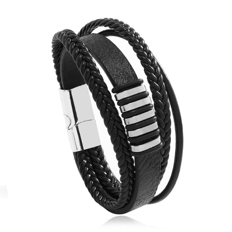 European-American Retro Style Zinc Alloy Multi-Layer Hand-Woven Men's Leather Bracelet.
