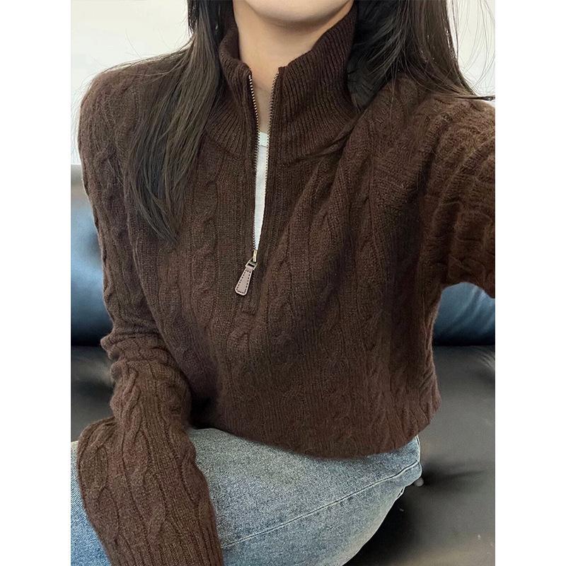Women's American Style Coffee High-Neck Twist Knit Sweater - Autumn/Winter Versatile Half-Zip Base Layer