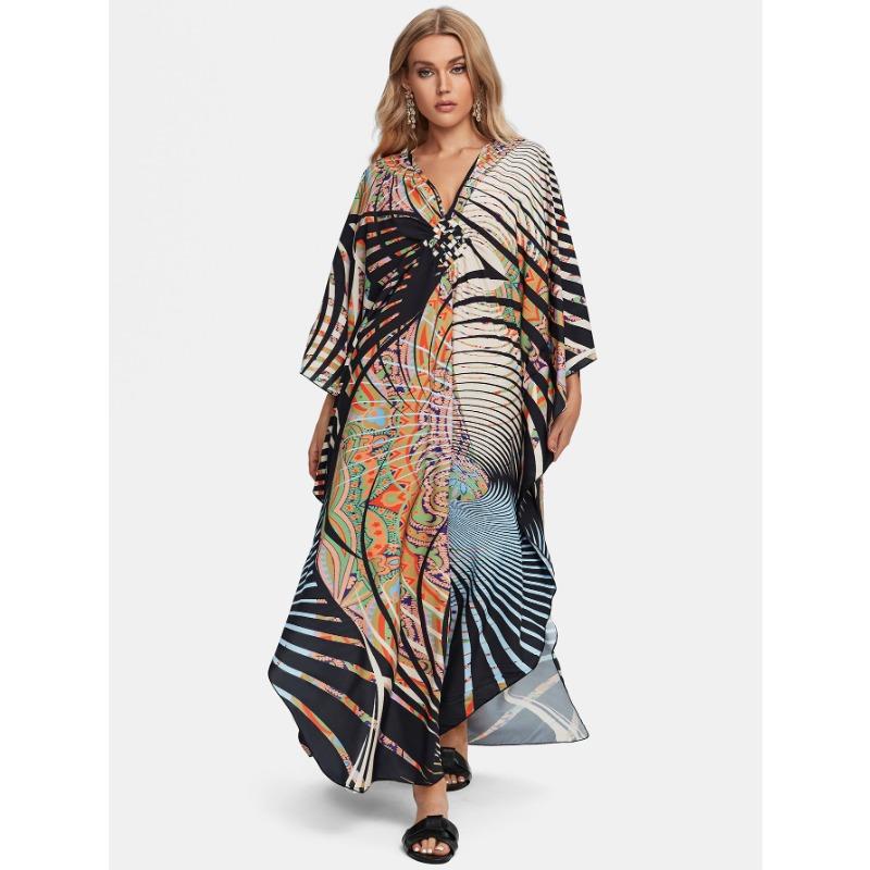 Women's Fashion Summer Spring Feather Print 3/4 Sleeves V-Neck Loose Waistline Casual Dresses