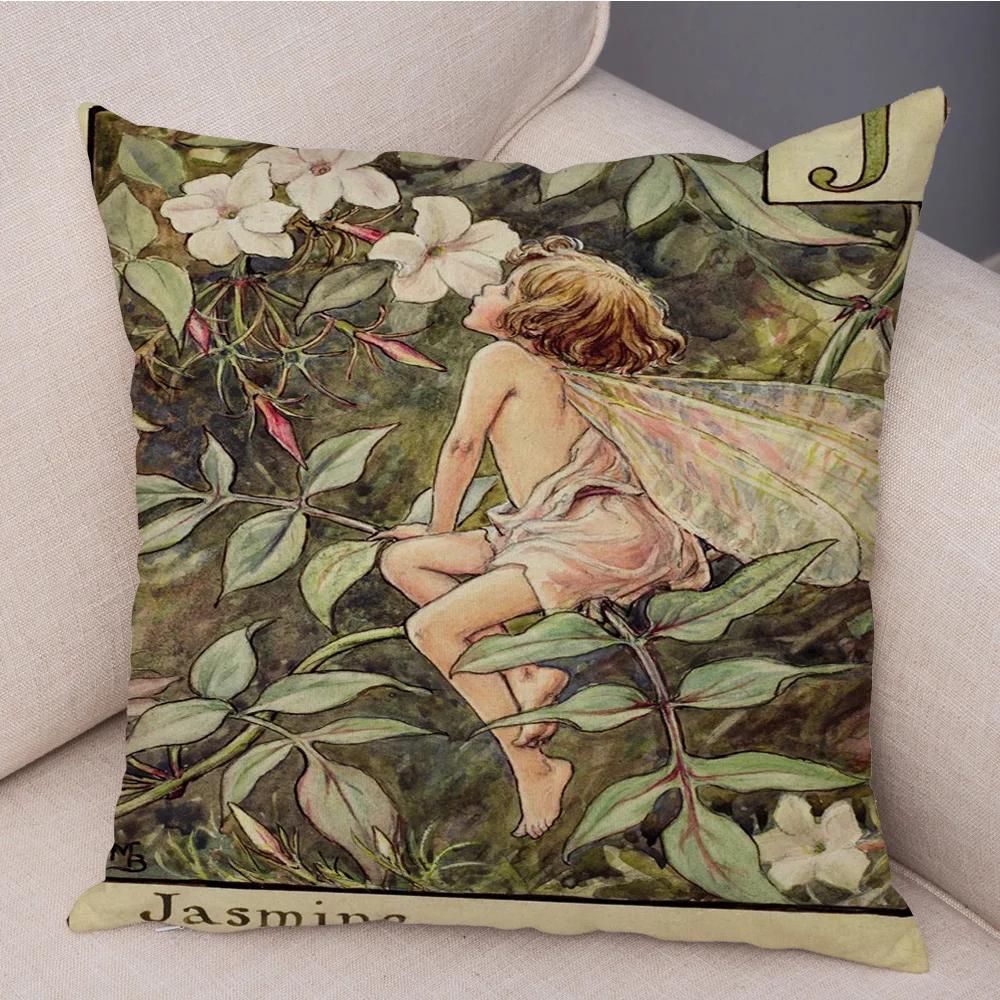Vintage Floral Girl Pillowcase Decor Cute Cartoon Flower Elf Fairy Tale for Sofa Home Pillow Case Soft Plush Cushion Cover