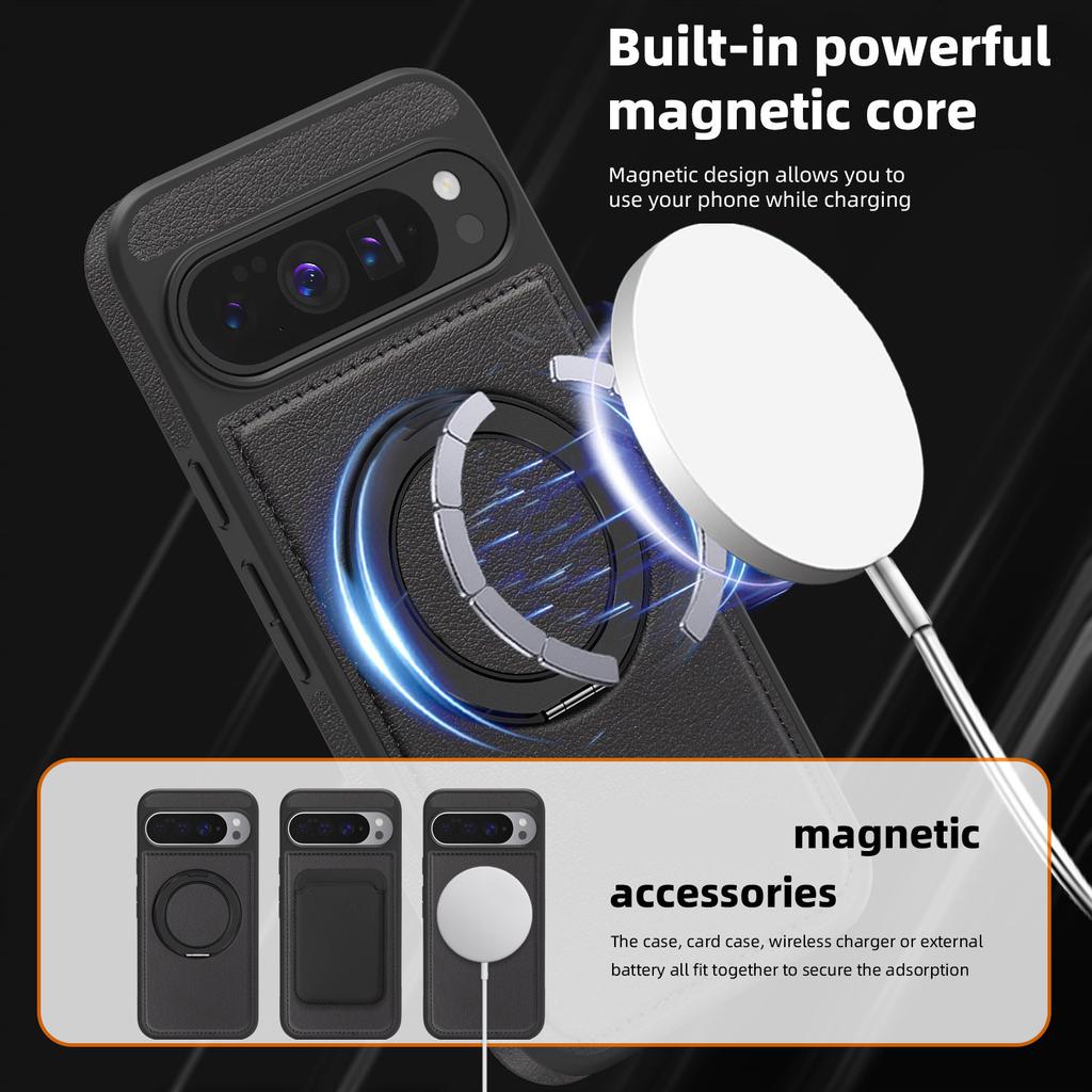 For Google Pixel 10 Pro XL Case with Ring Kickstand Compatible with MagSafe PU Leather Back Cover