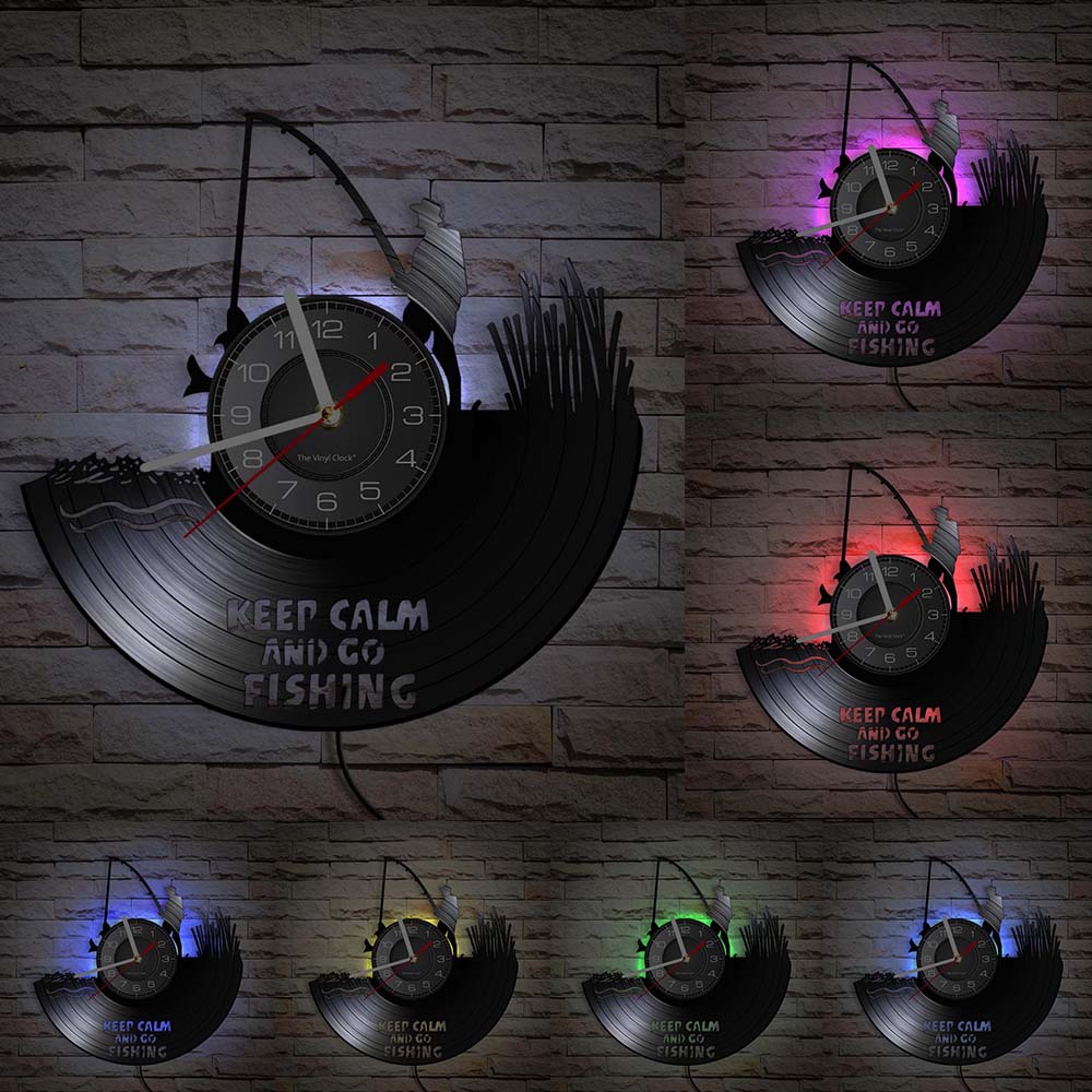 Gone Fishing Wall Art Sign Fish Rod Fisherman Wall Clock Interior Fishing Vinyl Record Wall Clock Handmade Gift For Fishermen