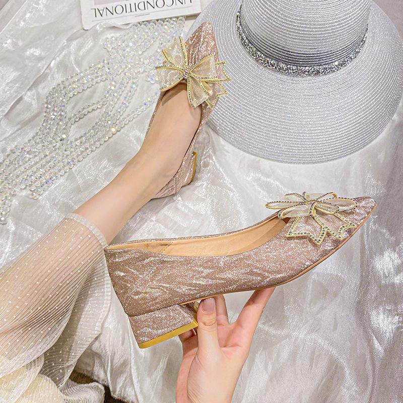 High Heels Women's New Temperament Shallow Mouth Rhinestone Pointed Bridesmaid Shoes Bow Thick Heel Single Shoes
