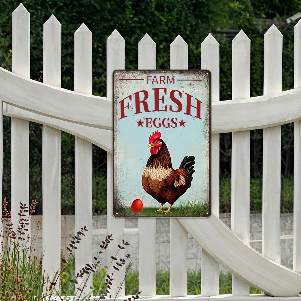 Vintage Chicken Farm Eggs Metal Tin Sign, Rustproof UV Resistant 2D Flat Wall Art Decor