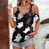 Women's Casual Halloween Print Tie Strap Cold Shoulder Short Sleeve T Shirt Lightweight Breathable Summer Top
