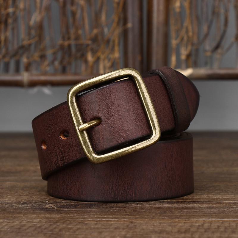 Personalized Leather Pin Buckle Pure Copper Men'S Belt, Male Trendy Young People Pure Cowhide Retro Belt
