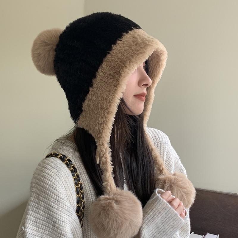 Winter Plush Wool Hat For Women Girls Cute Ear Muffs Windproof Knitted Cap For Cold Weather