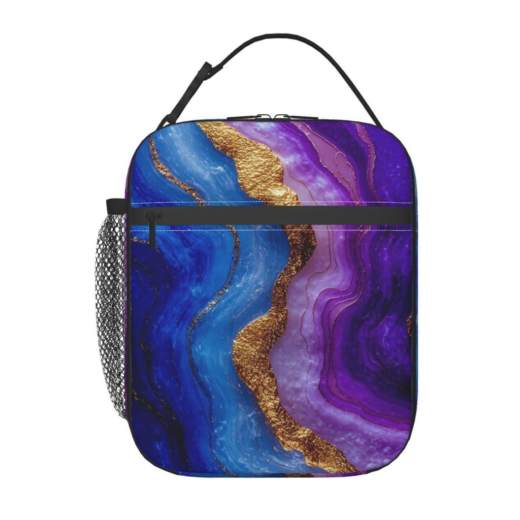 Blue Purple Gilded Luxury Gold Marble Insulated Lunch Bag for Women Cooler Thermal Food Box Tote Portable Lunch Boxes Container