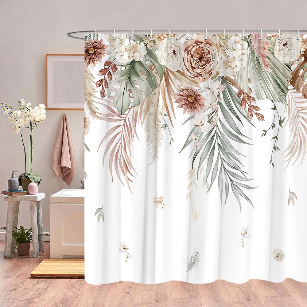 Autumn Eucalyptus Leaves Watercolour Shower Curtain Sagging Yellow Leaves Thanksgiving Gift Fabric Shower Curtain Bathroom Decor