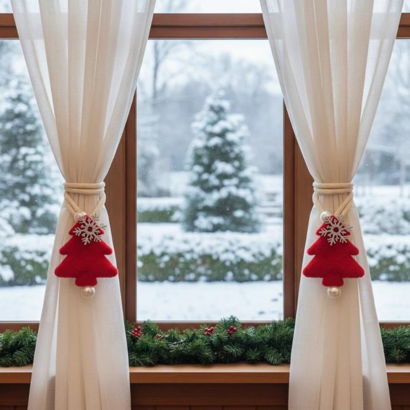 Adjustable Christmas Tree Curtain Tieback Exquisite Plush Snowflakes Curtain Rope Decorative With Ball Pendant