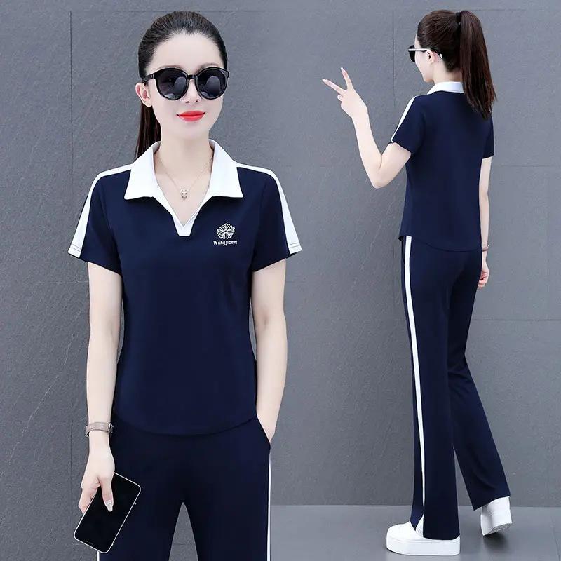 Casual Sportswear Suit for Women, Summer Style, Age-reducing Short-sleeved Sweatshirt, Straight Pants Two-piece Set