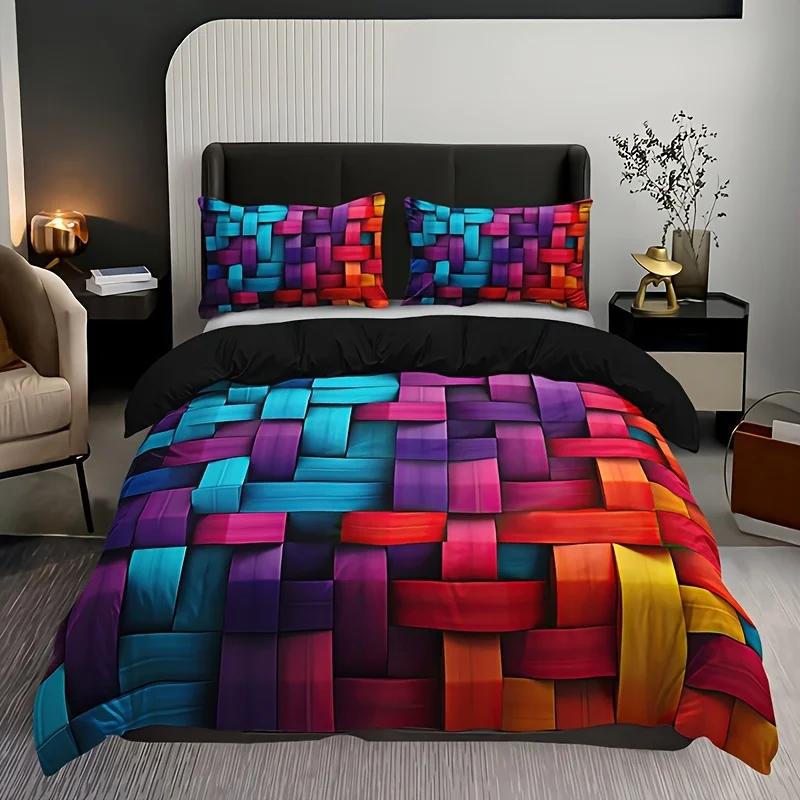 Geometric Colorful Plaid Duvet Cover Set Breathable Woven Polyester All-Season 3 Piece Set with 1 Duvet Cover and 2 Pillowcases