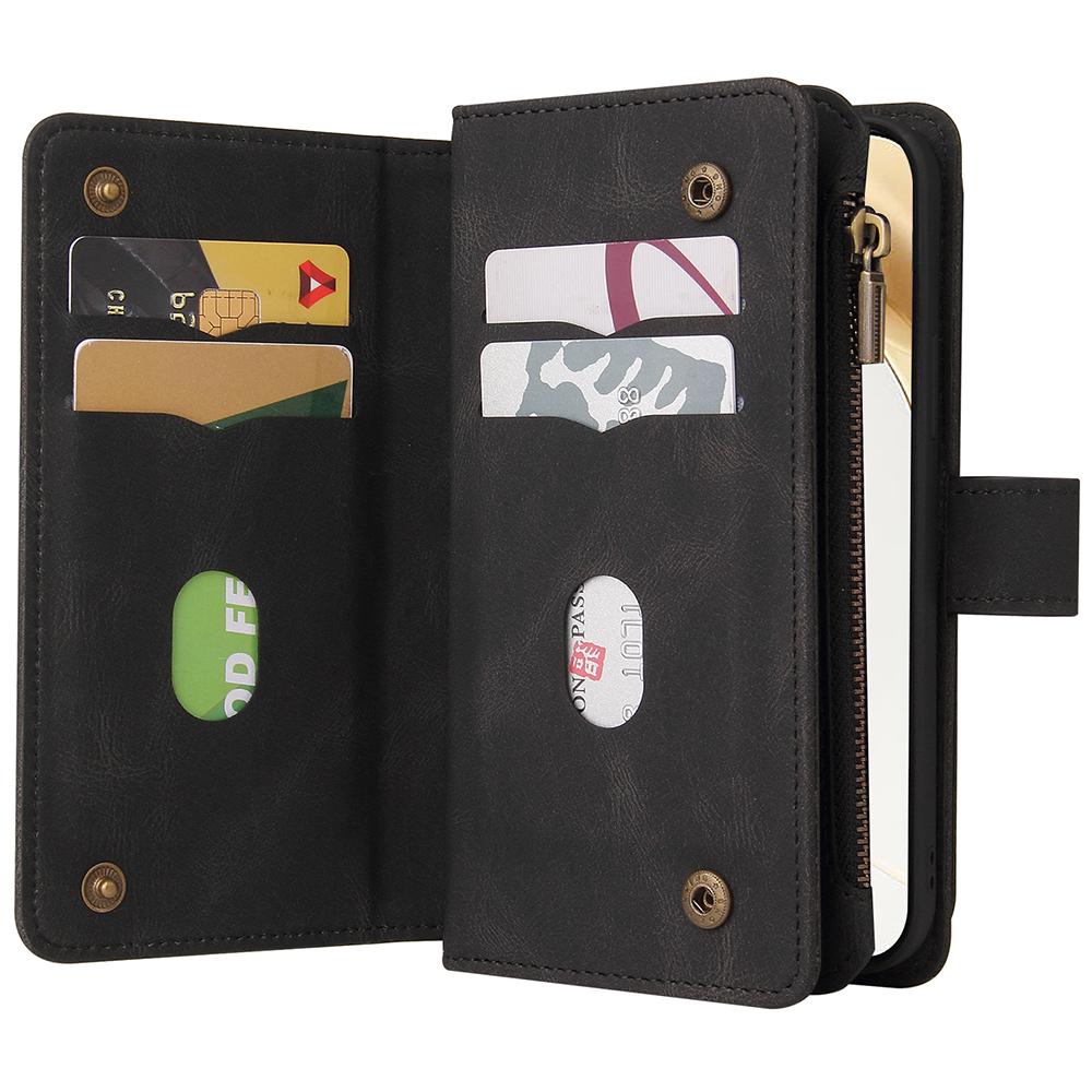 

For Honor 200 5G Zipper Wallet Case with 15 Card Slots and Strap Leather Phone Cover Black