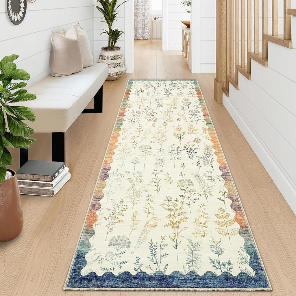 Green Kitchen Carpet Small Fresh Plant Flower Print Runner Fashion Minimalist Machine Washable Foldable Non-Slip Corridor Mat